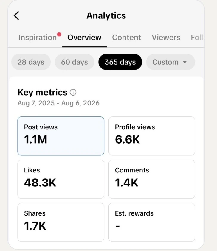 Analytics showing 1.1 million post views over 365 days