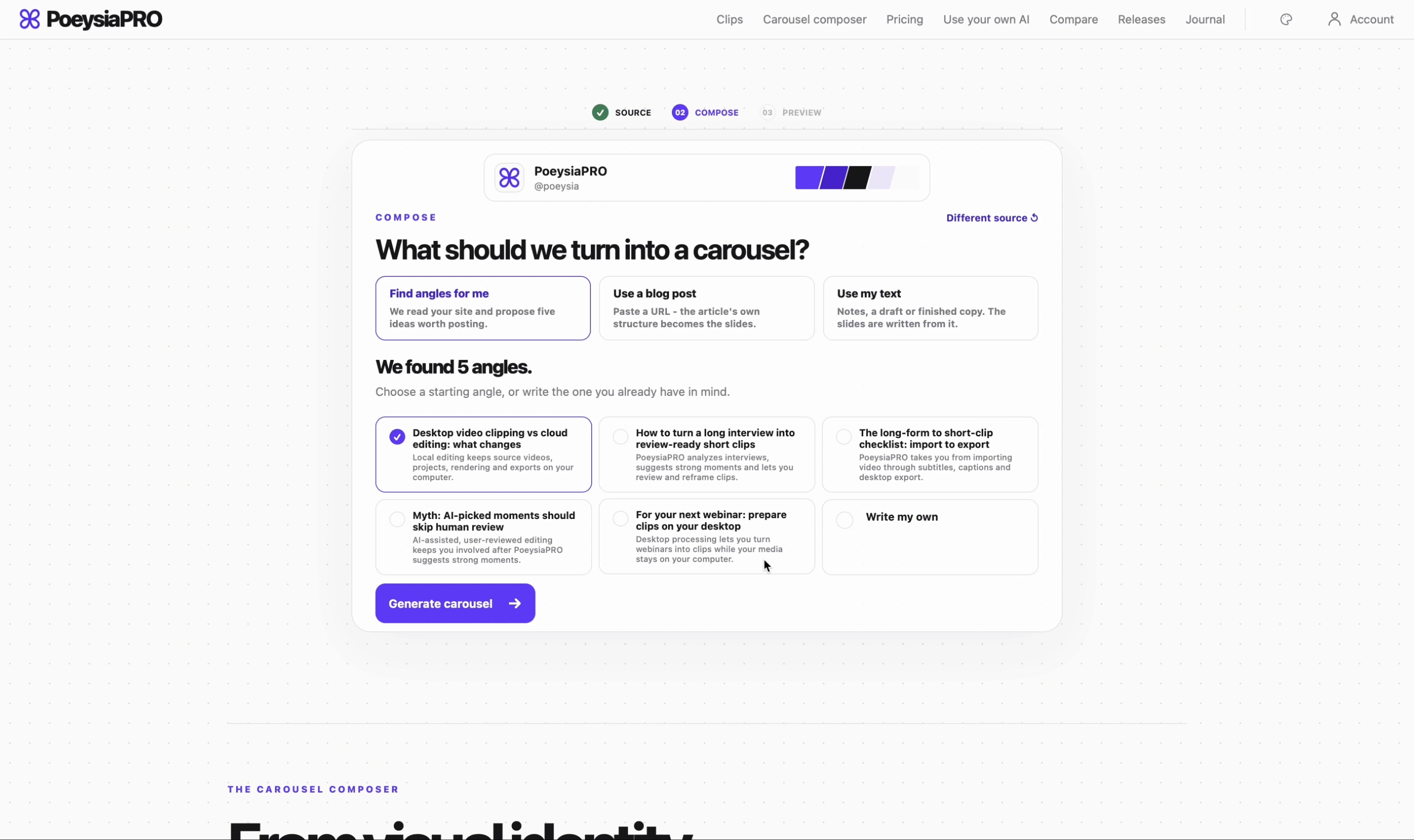 PoeysiaPRO Carousel Composer compose screen with options to find angles, use a blog post or use custom text.