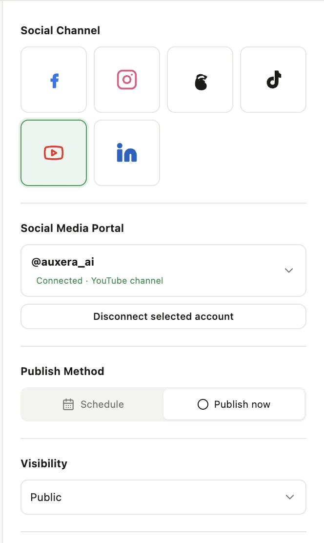 Close-up of the Social Export channel picker with YouTube connected and publish-now and visibility controls.