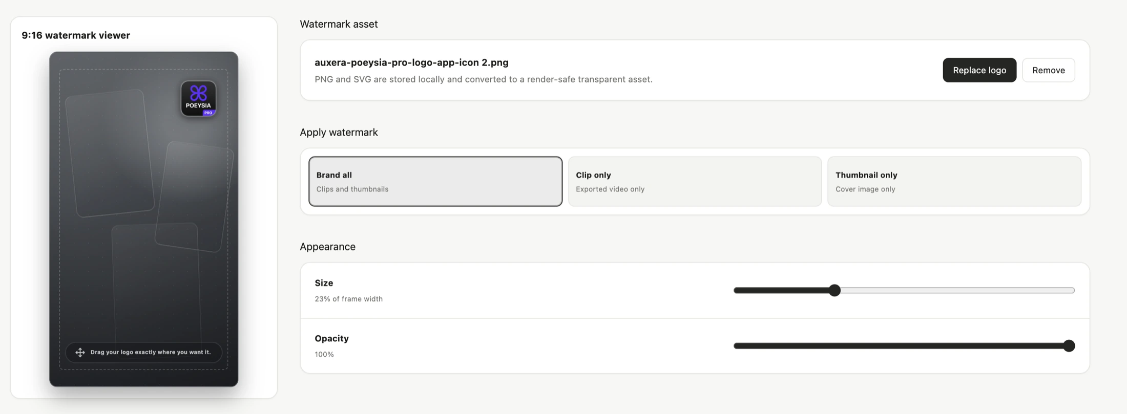 PoeysiaPRO watermark settings with a draggable logo preview, clip and thumbnail modes, size and opacity controls.
